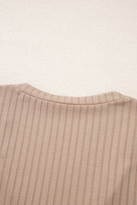 Beige Ribbed Knit V-Neck Long Sleeve Slim Fit Top