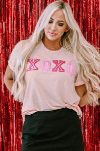 Pink Valentines Day Embossed XOXO Graphic T-shirt