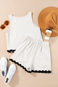 Black Ric-Rac Hemmed White Tank Top and Elastic Waist Shorts Set