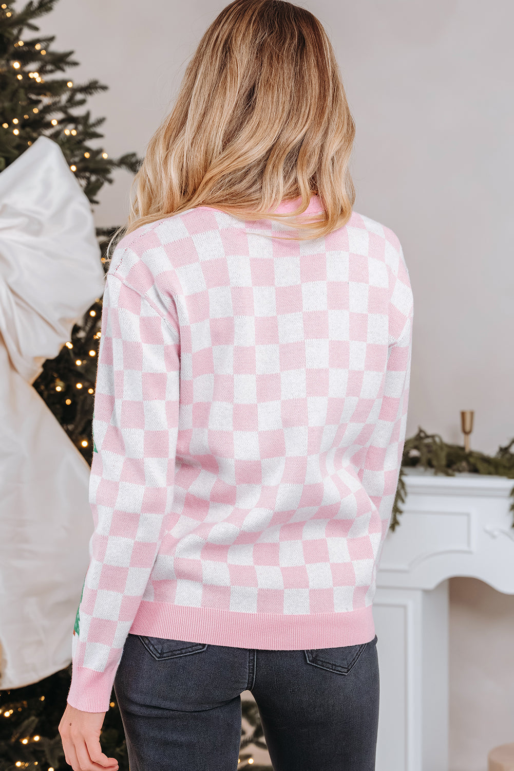 Checkered Christmas Tree Pattern Buttoned V-Neck Cardigan Sweater