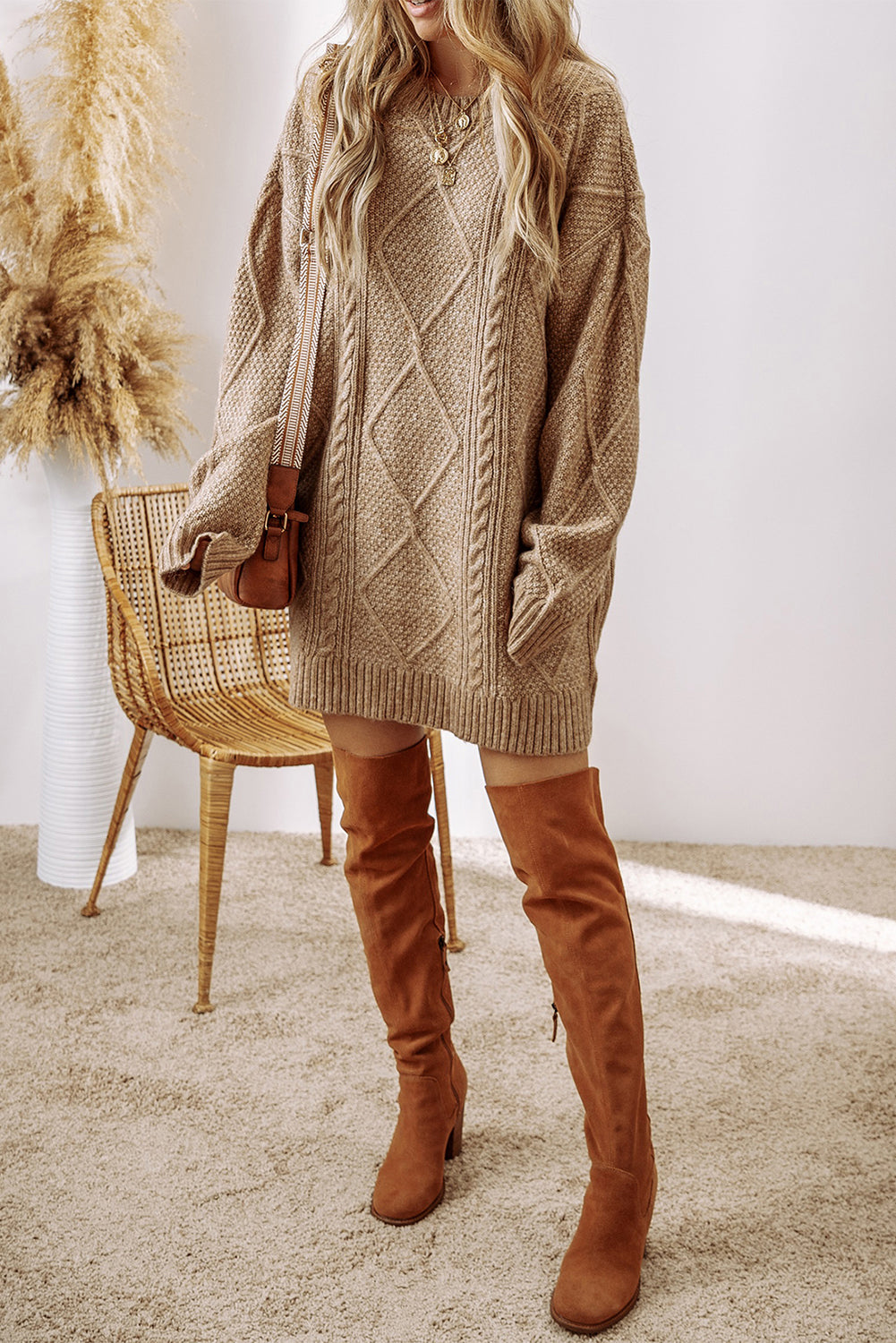 Beige Cable Knit Drop Shoulder Loose Fit Sweater Dress