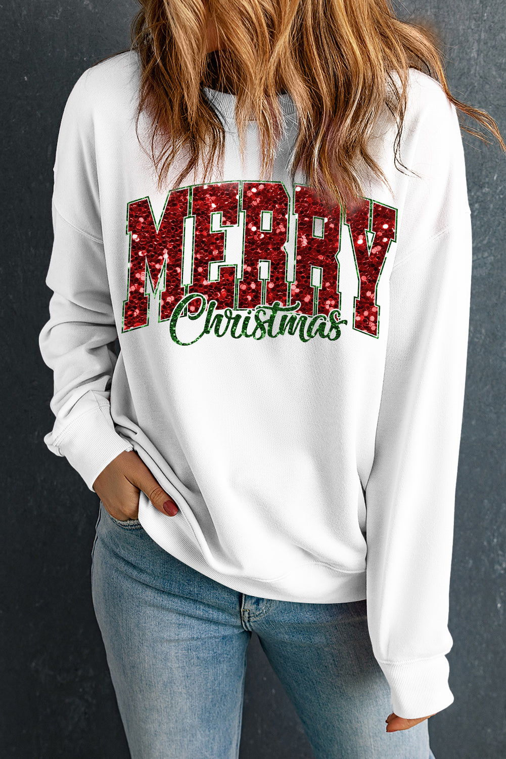 White Merry Christmas Graphic Crewneck Pullover