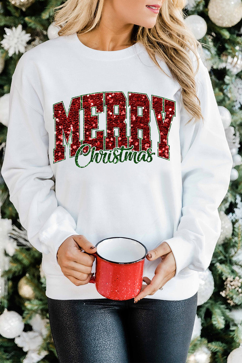 White Merry Christmas Graphic Crewneck Pullover