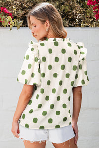 Avocado Polka Dot Print Textured Balloon Sleeve Blouse