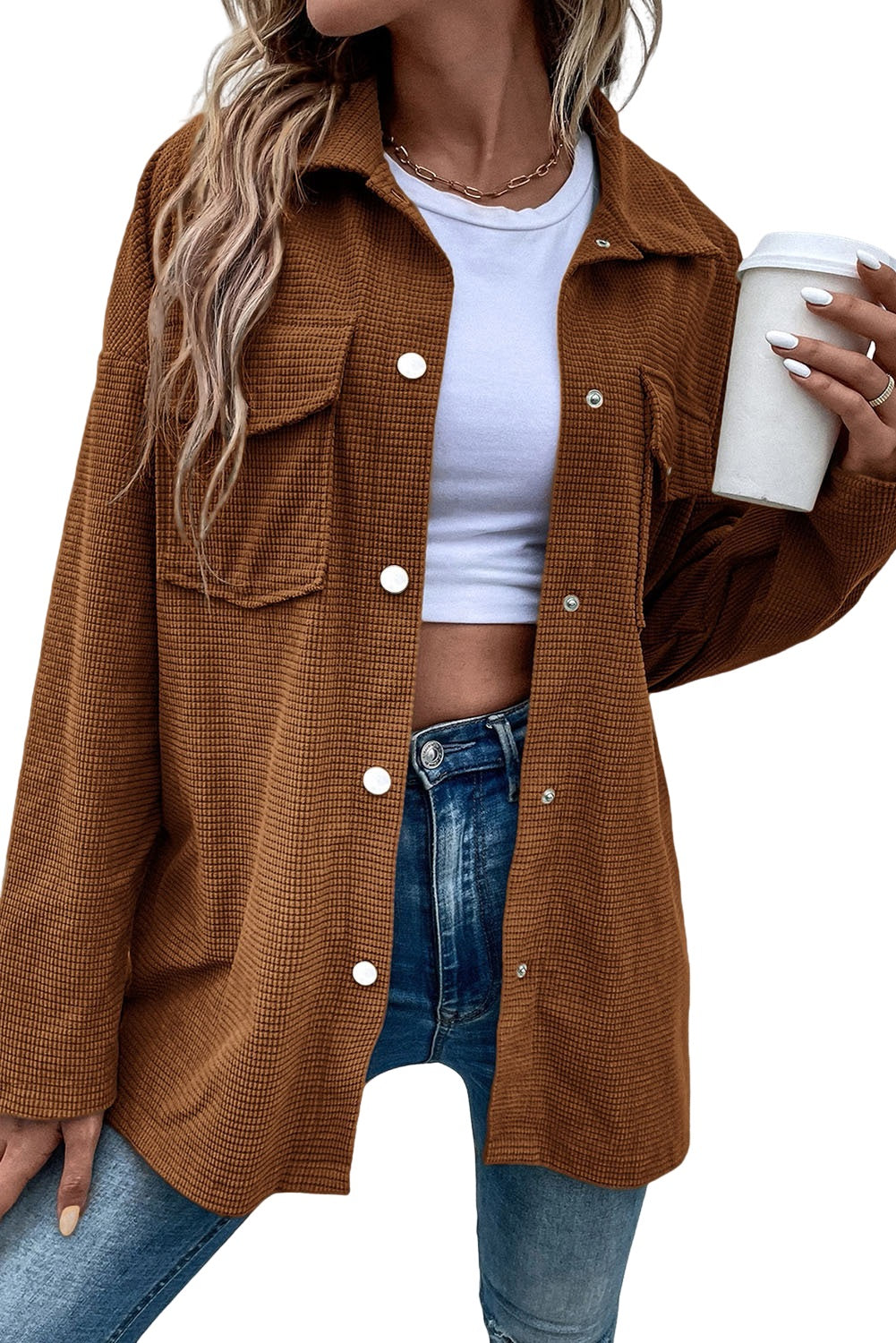 Rustic Brown Textured Flap Chest Pockets Snap Up Oversized Shirt