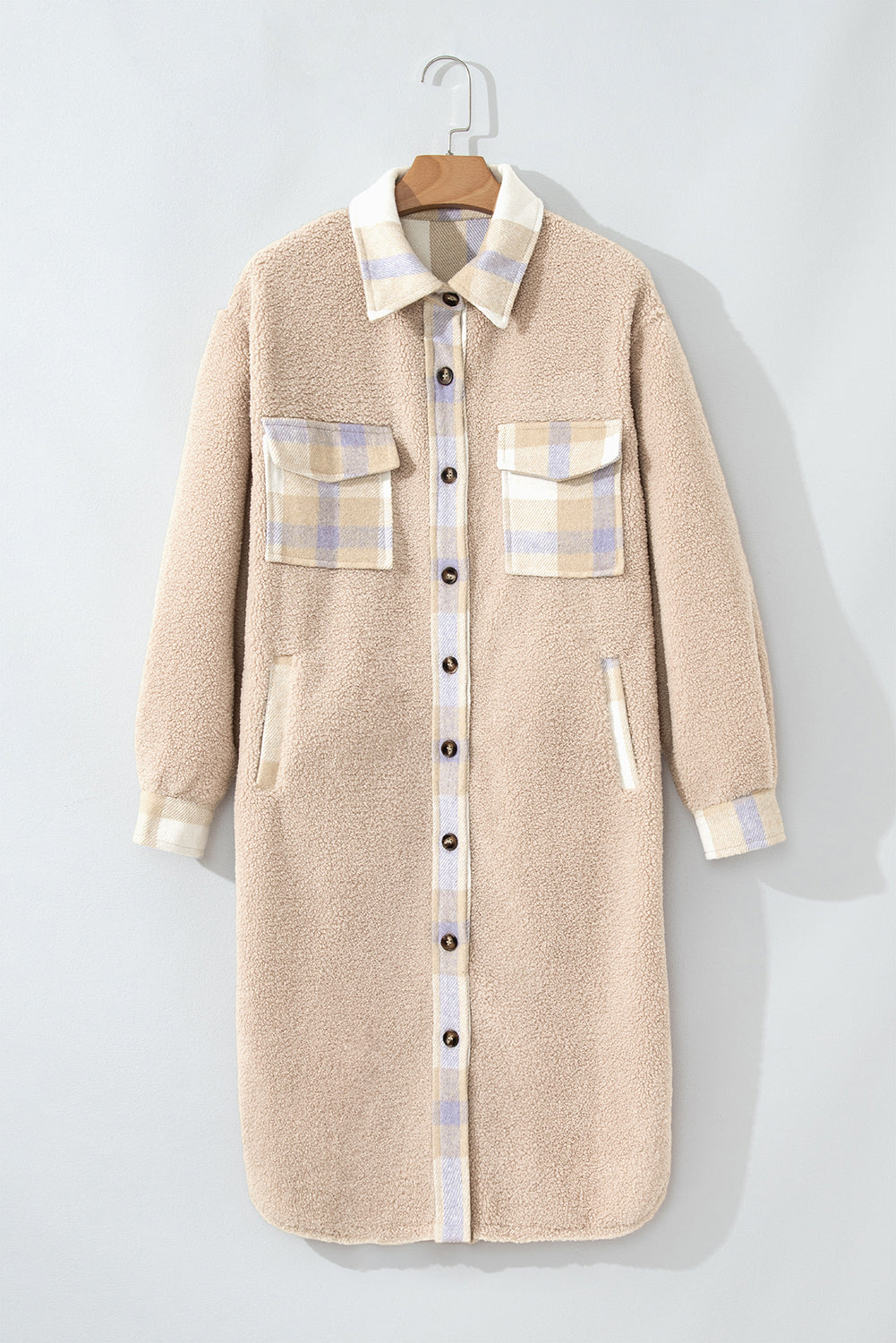 Beige Plaid Patchwork Collared Button-up Sherpa Long Coat