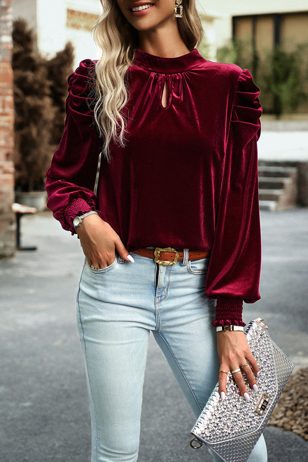 Burgundy Tie Back Neck Ruffled Sleeve Velour Blouse