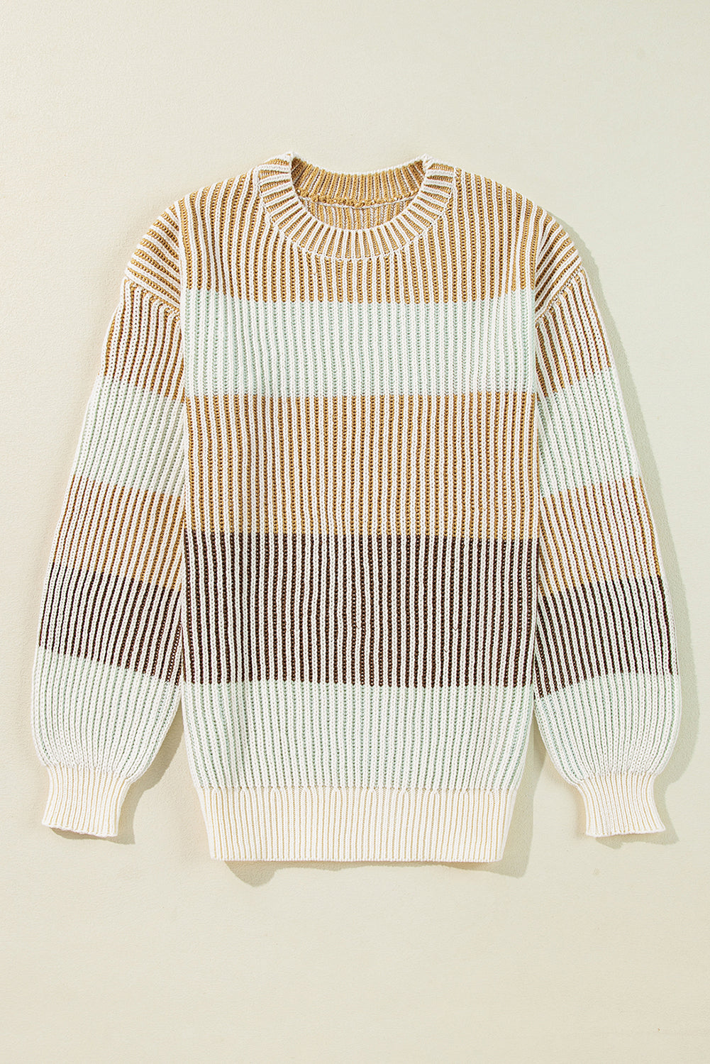 Beige & Mint Colorblock Textured Bubble Sleeve Knit Sweater