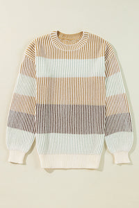 Beige & Mint Colorblock Textured Bubble Sleeve Knit Sweater