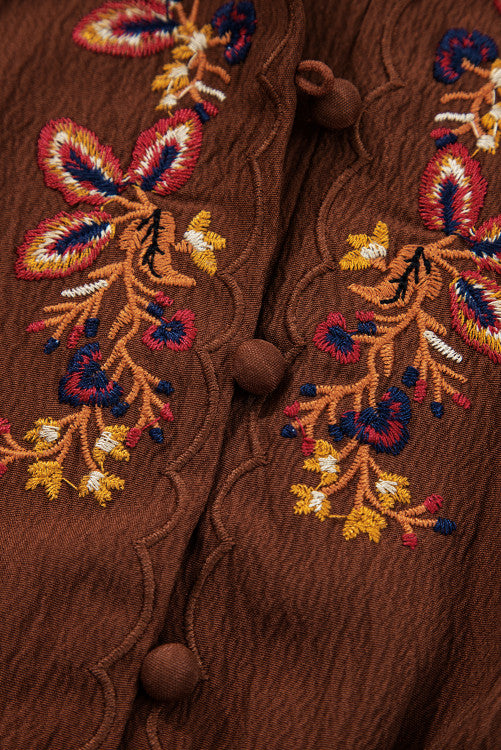 Brown Rust Floral Embroidered Tassel Tie Waist Long Sleeve Mini Dress