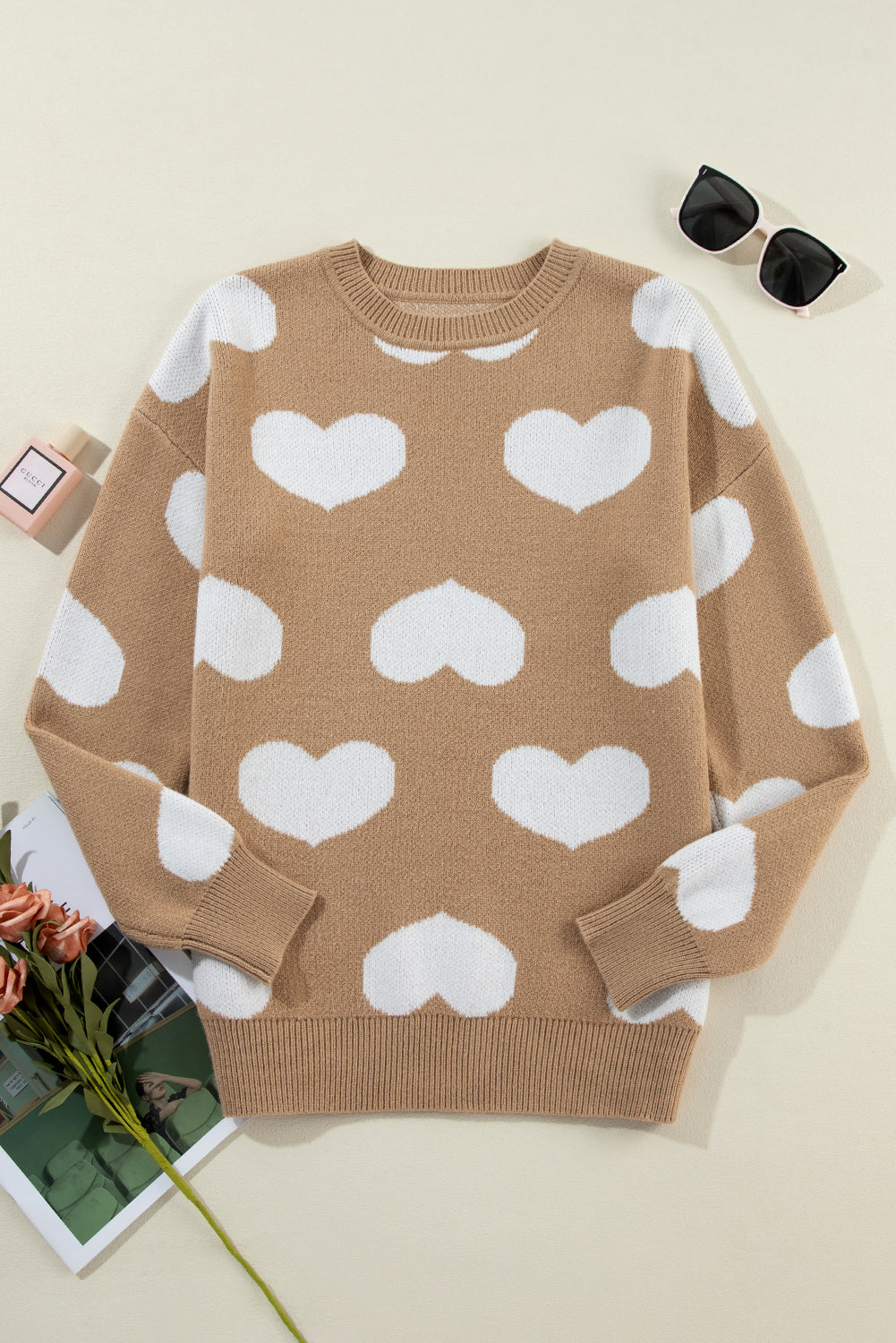 Khaki White Heart Pattern Round Neck Sweater