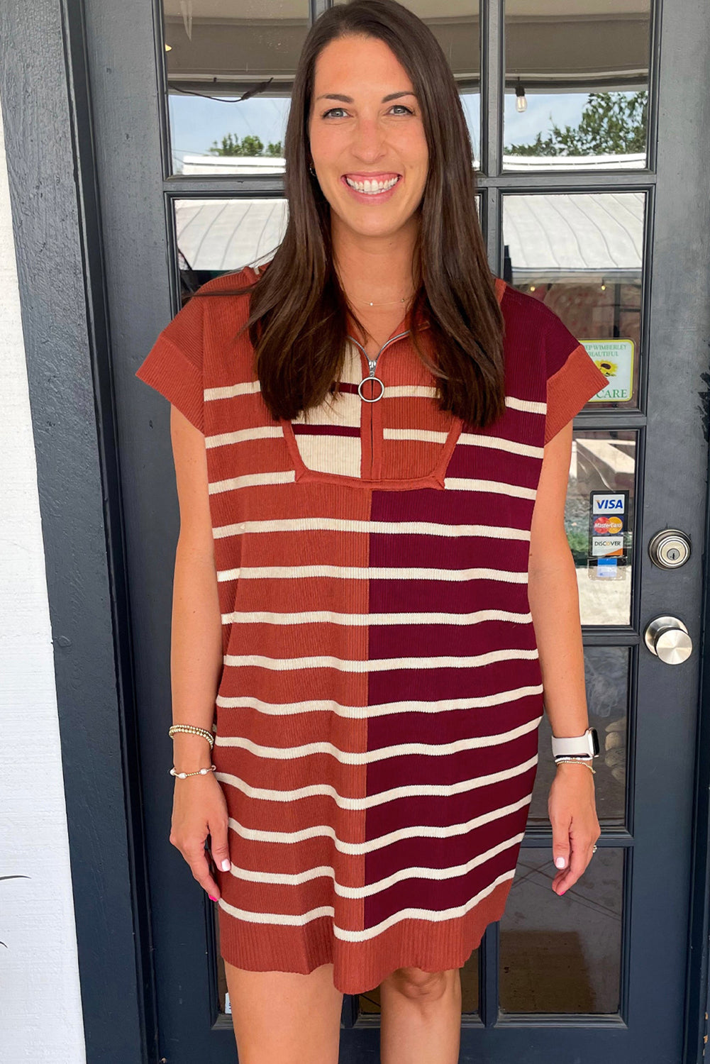 Rust Burgundy Stripe Color Block Quarter Zip Knit Sweater Dress