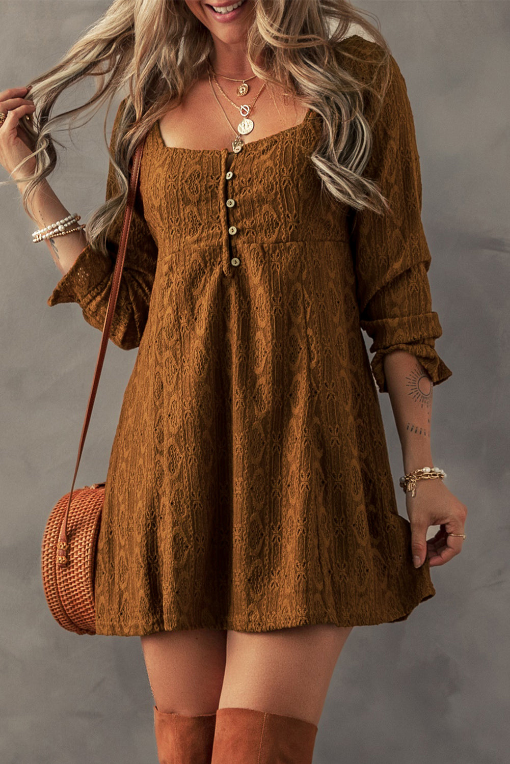 Chestnut Brown Buttoned Lace Square Neck Shift Mini Dress