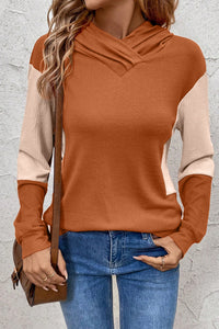 Brown and Beige Textured Color Block Crossed Neckline Hoodie