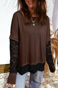 Dark Brown & Black Lace Long Sleeve Exposed Seam Oversized Shirt