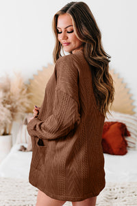 Brown Textured Open Front Cardigan with Pockets