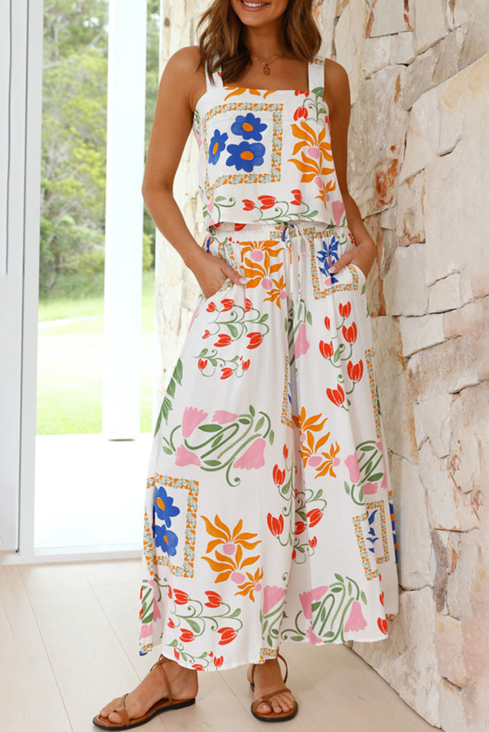 Multi Colored Floral Square Neck Tank and Wide Leg Pants Set