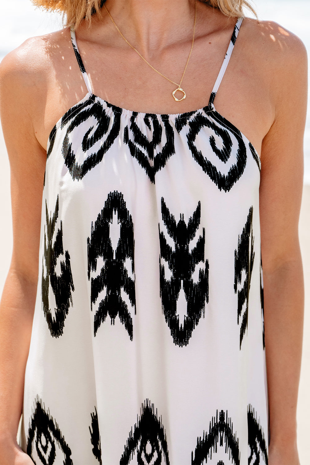 White and Black Western  Aztec Printed Strappy Maxi Sundress