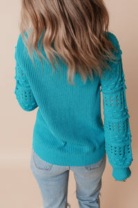 Turquoise Eyelet Bubble Sleeve Knit Sweater