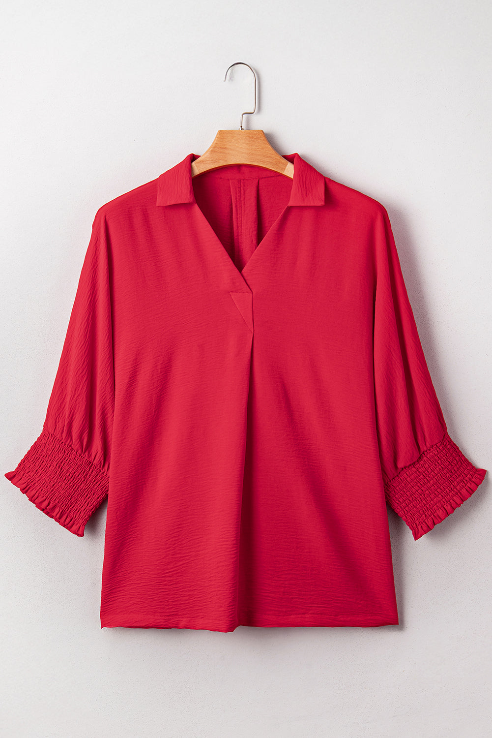 Plus Size Red Smocked Cuff 3/4 Dolman Sleeve Oversized Tunic Blouse