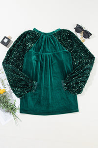 Emerald Sequined Sleeve V-Neck Button Up Velour Blouse