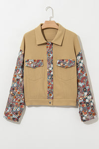 Khaki Fall Floral Color Block Button Up Lightweight Cropped Jacket