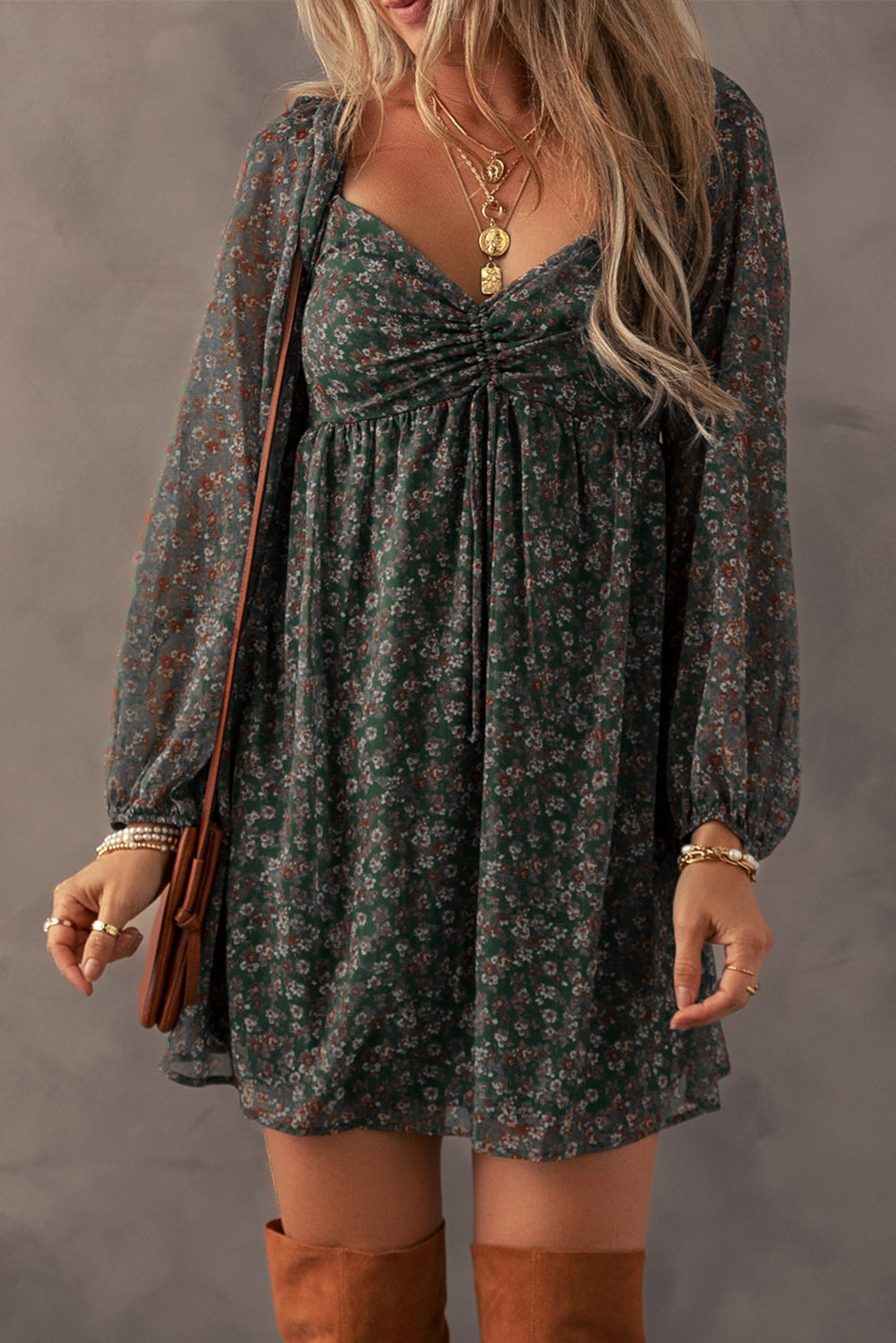 Dark Green Floral Print Sweetheart Neck Shirred Back Mini Dress