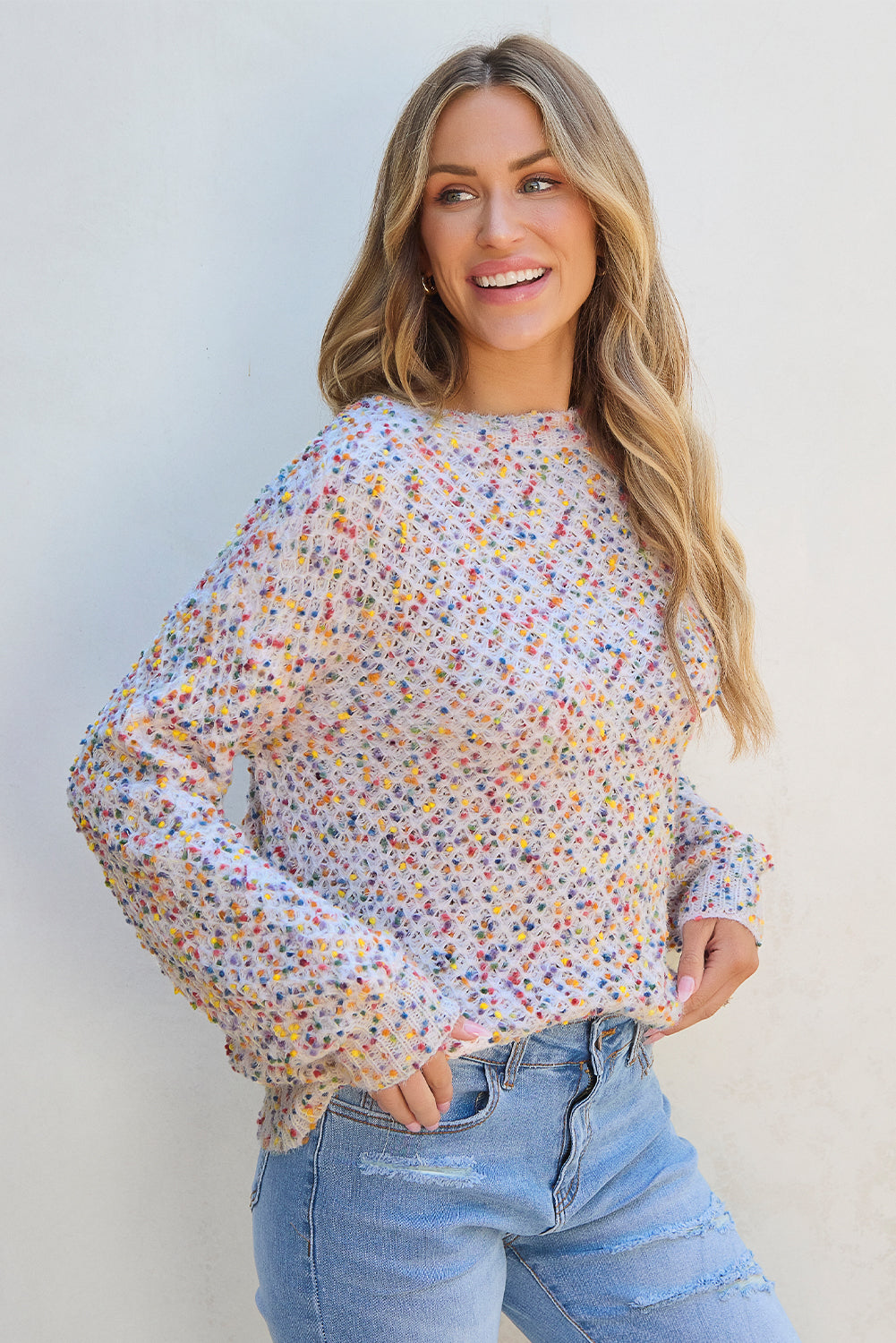 White Colorful Confetti Popcorn Knit Long Sleeve Sweater