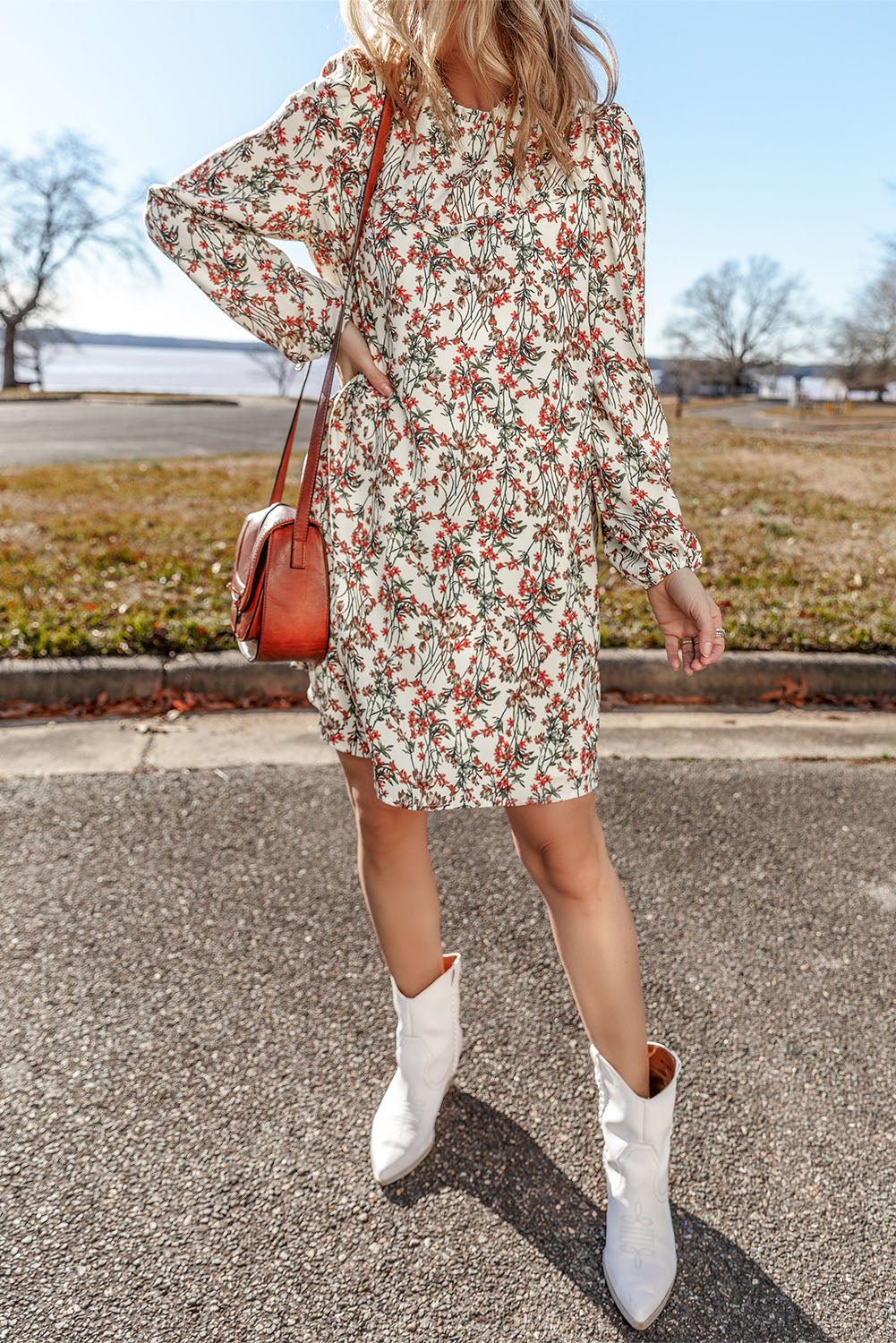 White Fall Floral Print  Long Sleeve Mini Dress