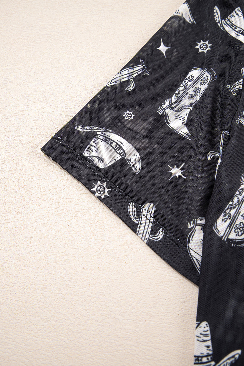 Black Western Pattern Mesh Sheer Crew Neck Tee