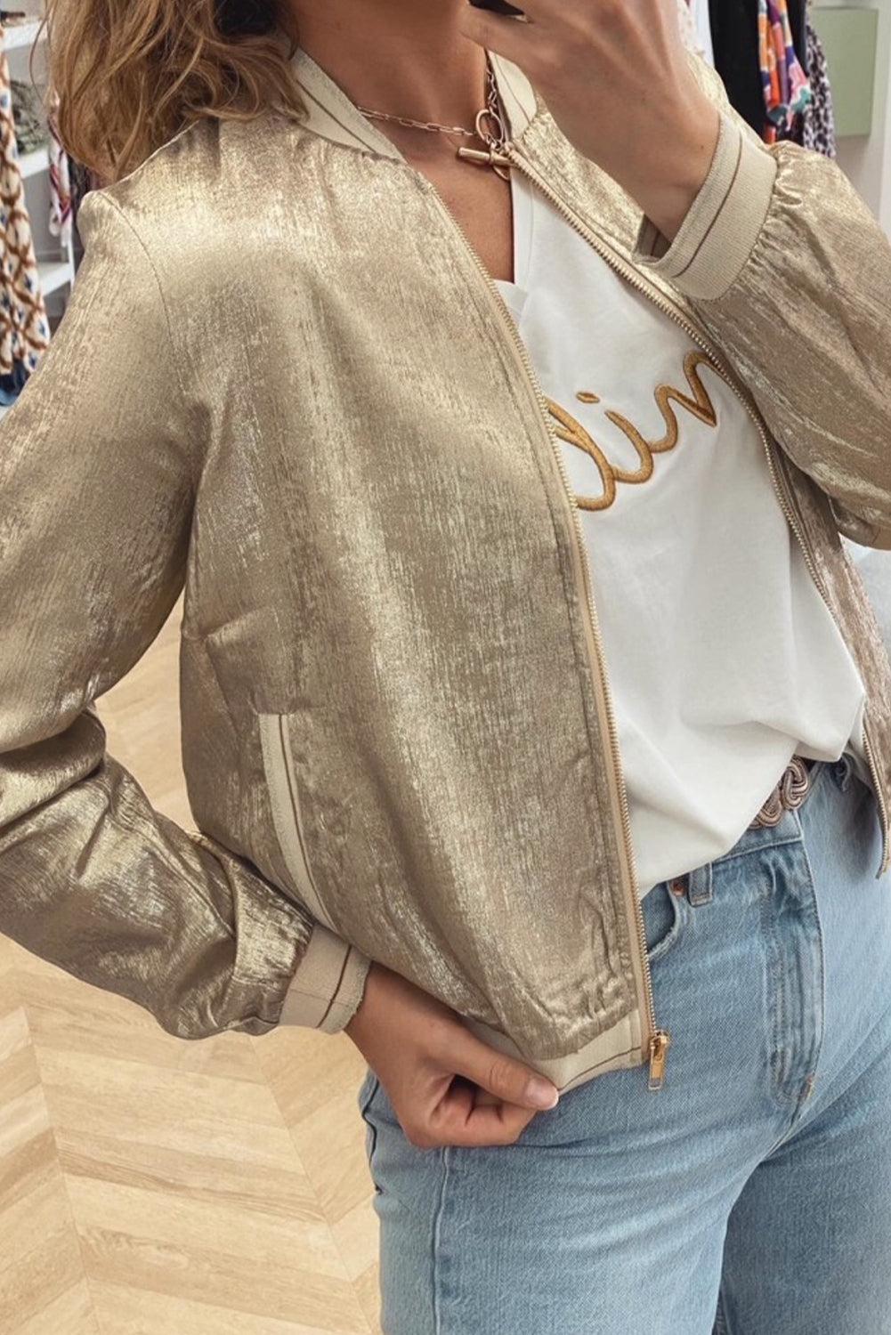 Gold Metallic Zip up Baseball Jacket