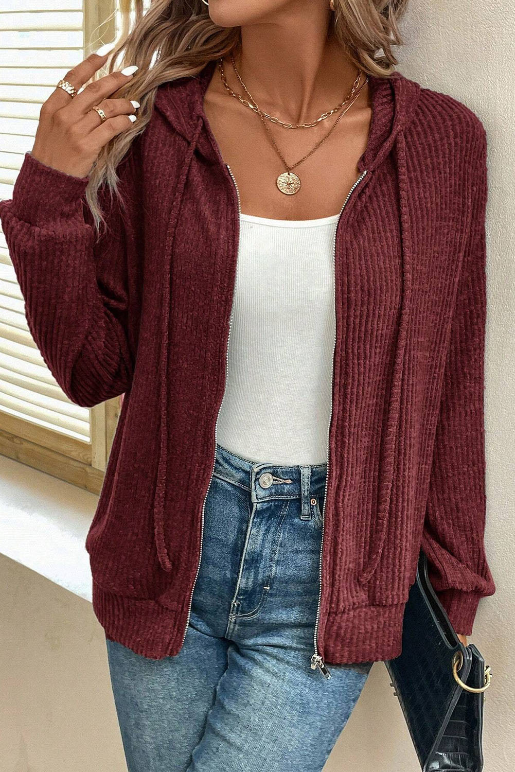 Burgundy Ribbed Zip Up Front Drawstring Hoodie