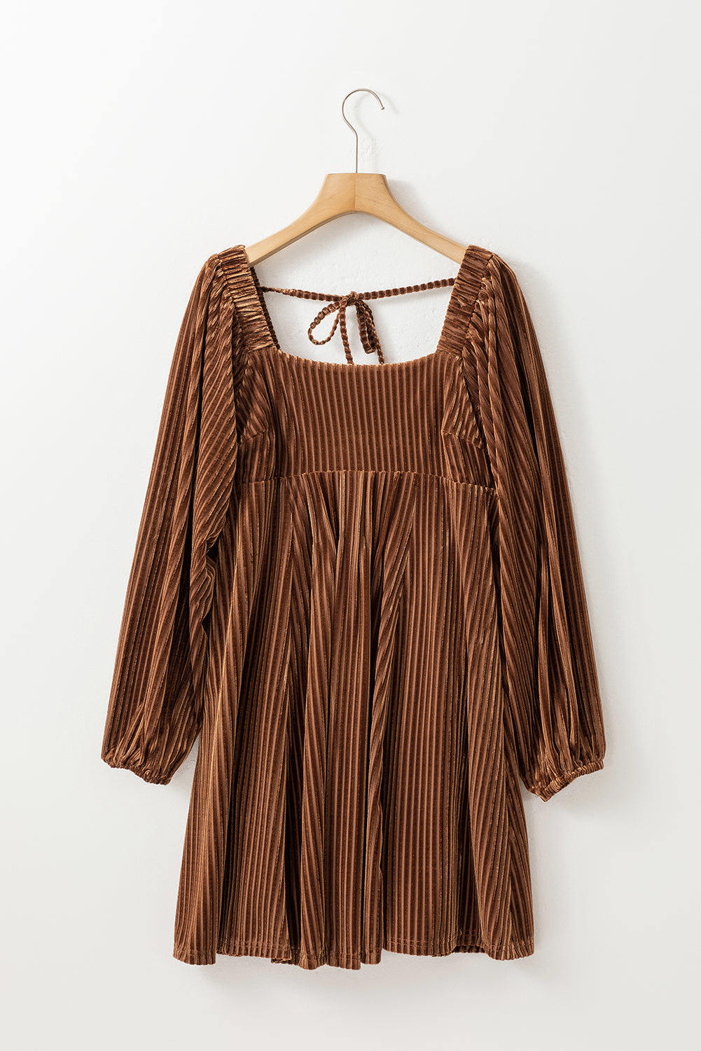 Brown Tie Back Square Neck Textured Velour Babydoll Dress