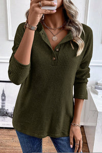 Dark Olive Rib Textured Henley Knit Top