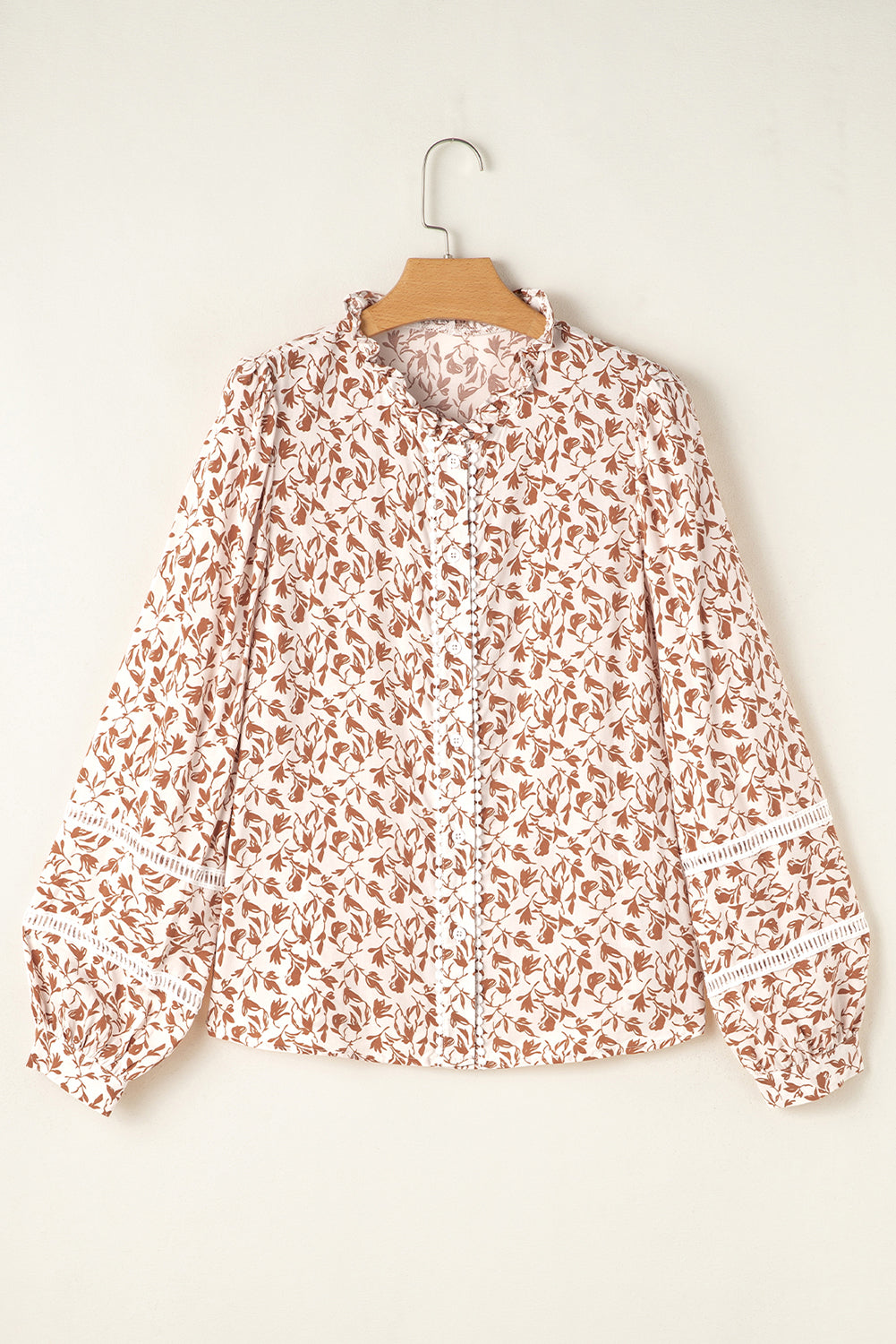 Brown Fall Floral Lace Detail Puff Sleeve Blouse