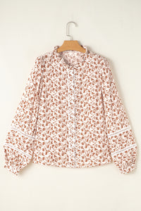 Brown Fall Floral Lace Detail Puff Sleeve Blouse