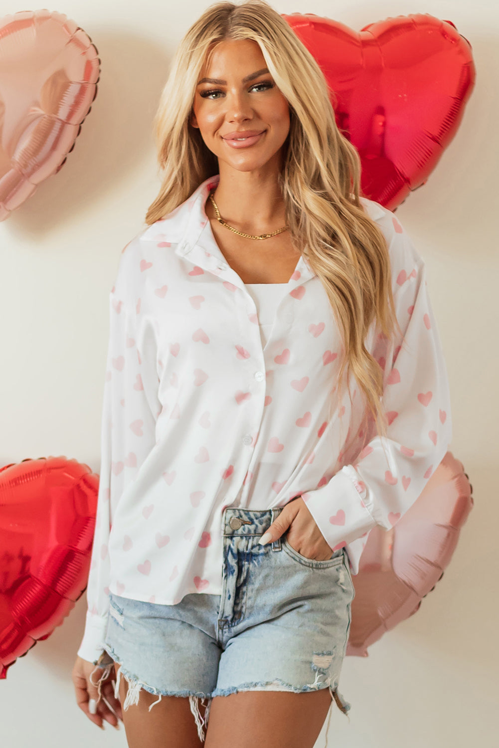 White with Pink Heart Print Drop Shoulder Long Sleeve Blouse