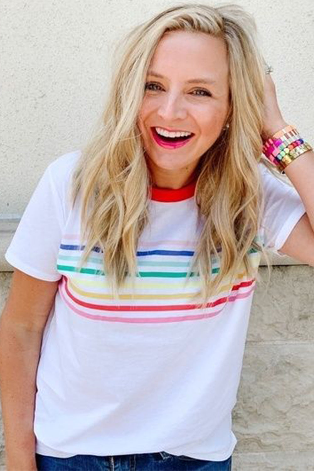 White Rainbow Stripe Print Red Trim Crew Neck T-Shirt