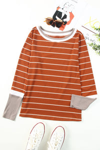 Rust Striped Color Block Long Sleeve  Rib Knit Shirt