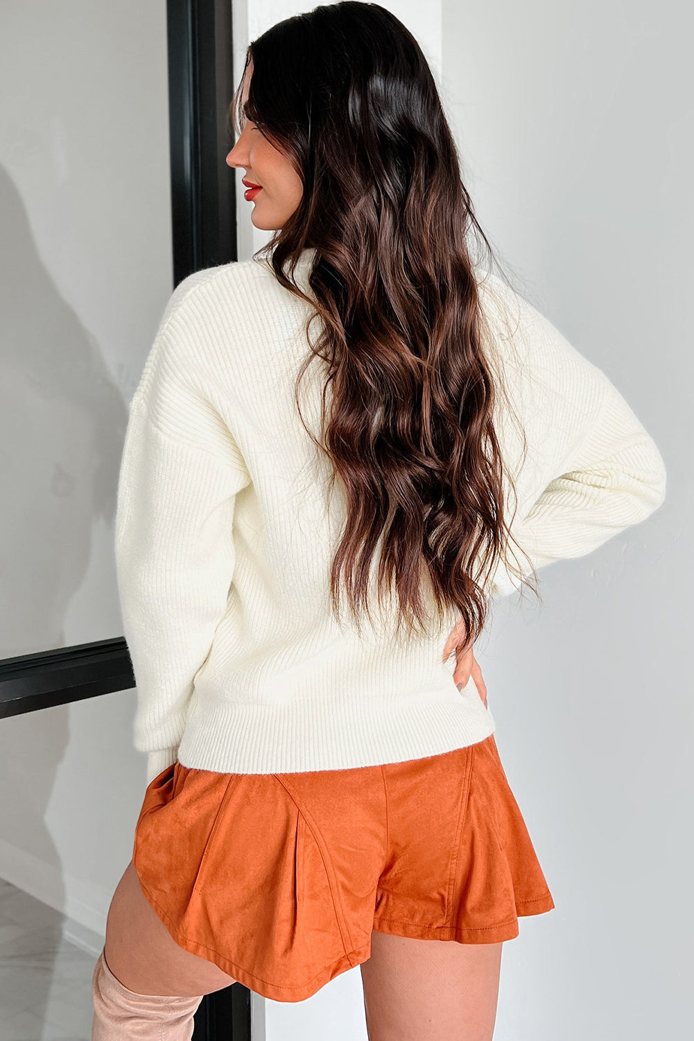 Cream Pumpkin Embroidered Ribbed Knit Fall Sweater