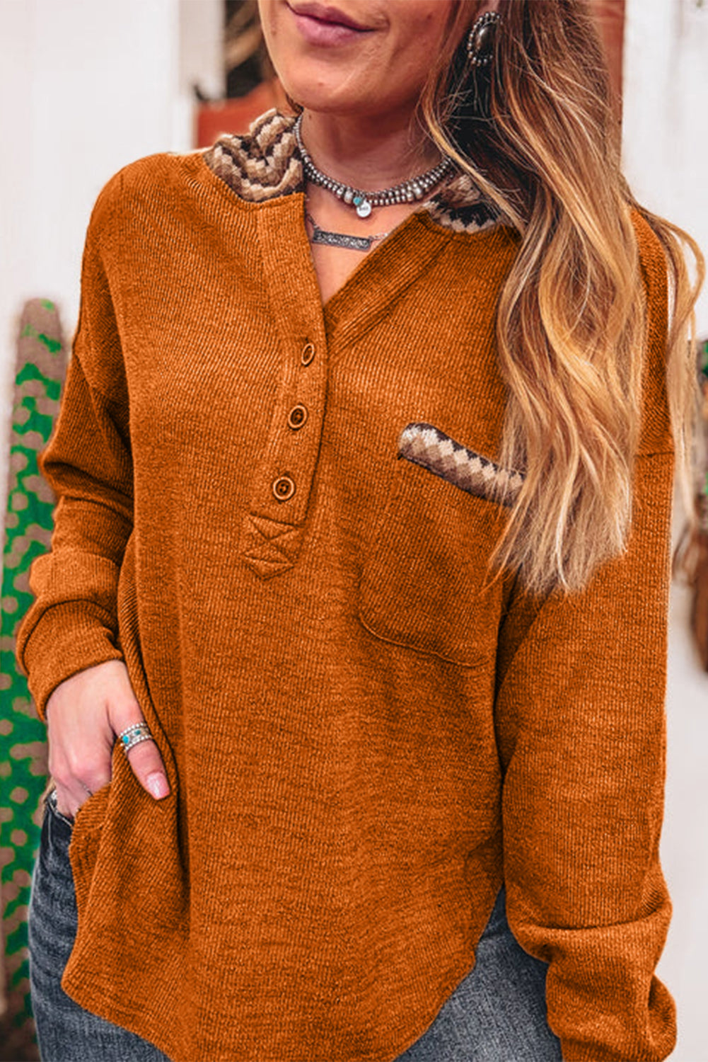 Rust Diamond Pattern Chest Pocket Hooded Henley Top
