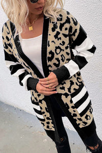 Stripe Sleeve Leopard Print Color Block Open Front Cardigan With Pockets