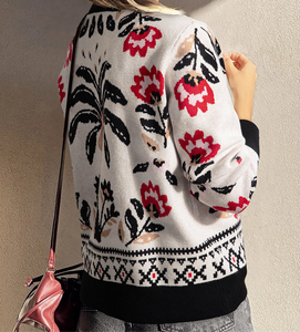 Red and Black Floral Print Button Down V-Neck Knit Cardigan