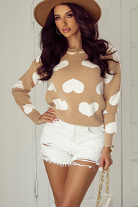 Khaki White Heart Pattern Round Neck Sweater