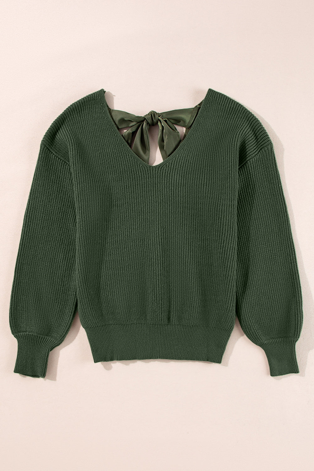 Pine Green Lantern Sleeve V-Neck Tied Open Back Knit Sweater