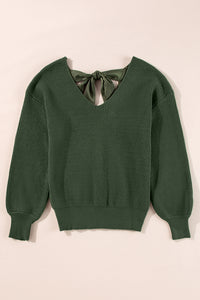 Pine Green Lantern Sleeve V-Neck Tied Open Back Knit Sweater