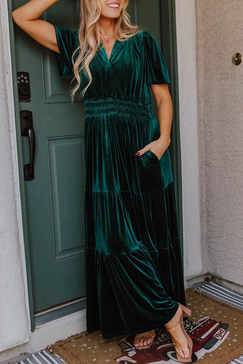 Emerald Velour Short Sleeve Shirred Waist Tiered Maxi Dress