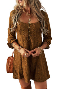 Chestnut Brown Buttoned Lace Square Neck Shift Mini Dress