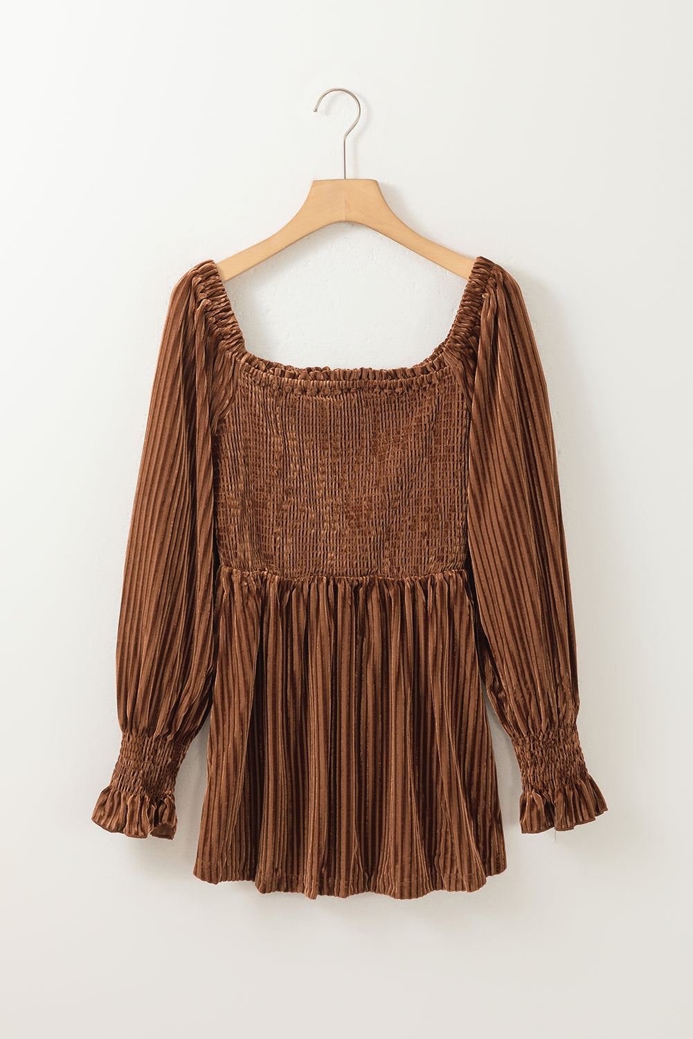 Velour Square Neck Smocked Long-sleeve Babydoll Top