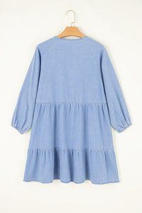 Blue Puff Sleeve V-Neck Tiered Ruffled Chambray Mini Dress